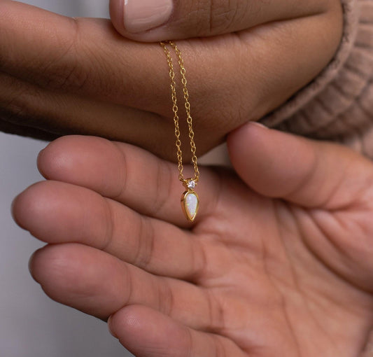 Dainty Opal Drop Necklace with Diamonds