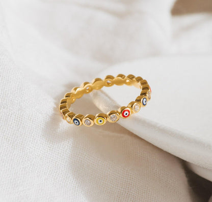 Personalized Rainbow Evil Eye Stacking Ring