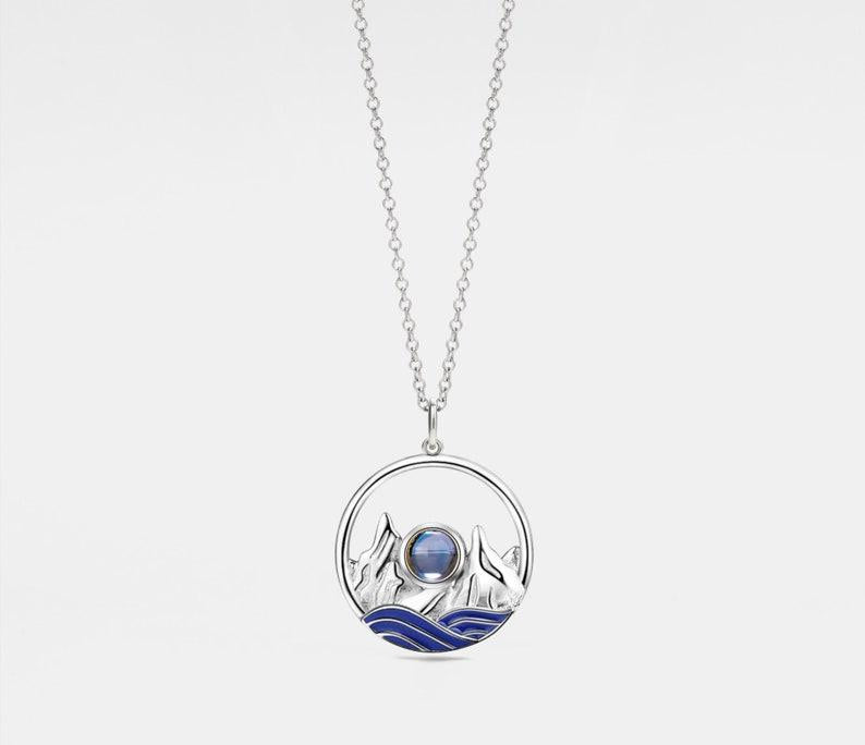 Custom Photo Mountain Ocean Necklace in Silver