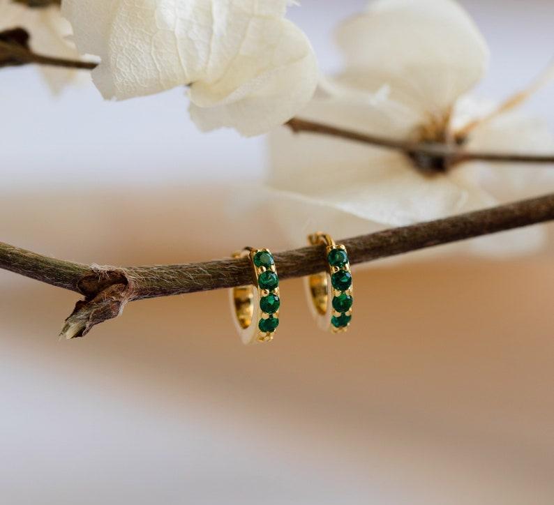 Emerald Dainty Huggie Earrings in Silver