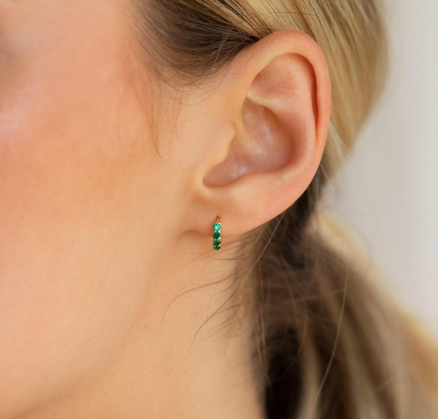 Emerald Dainty Huggie Earrings in Silver