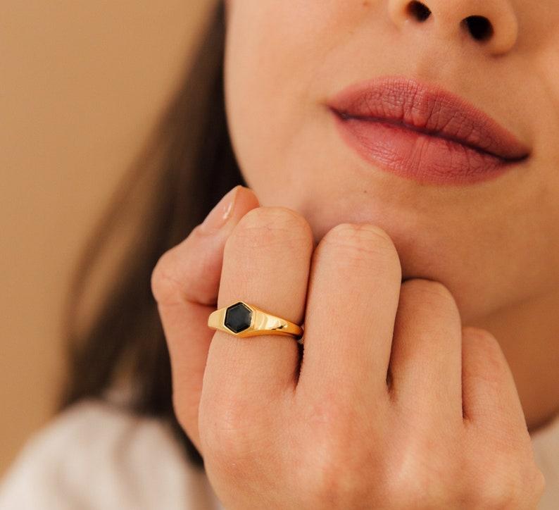 Personalized Black Hexagon Onyx Signet Ring