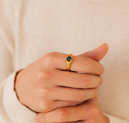 Personalized Black Hexagon Onyx Signet Ring