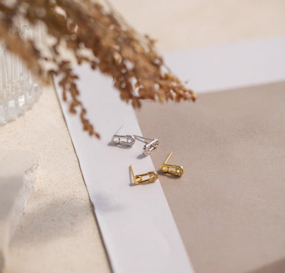 Tiny Safety Pin Stud Earrings with Pave Diamonds