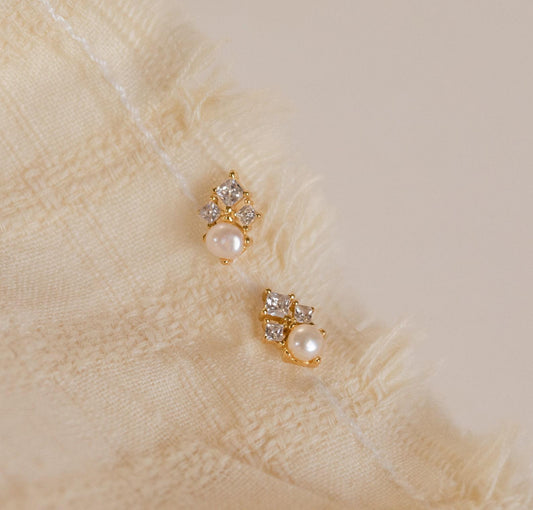 Dainty Pearl and Diamond Stud Earrings