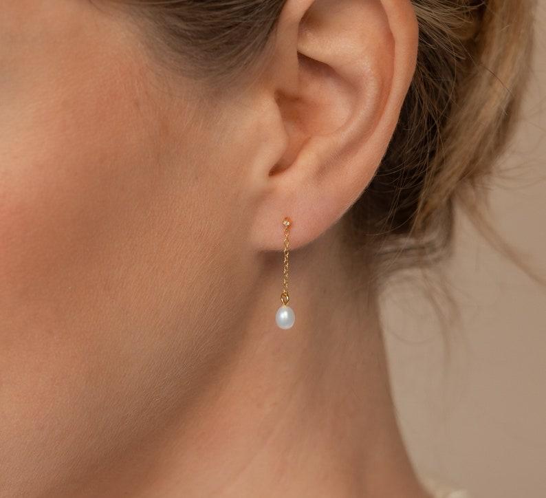 Dainty Pearl Drop Earrings with Diamond Studs