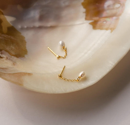 Dainty Pearl Drop Earrings with Diamond Studs