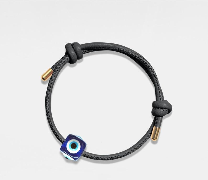 Personalized Blue Evil Eye Leather Bracelet