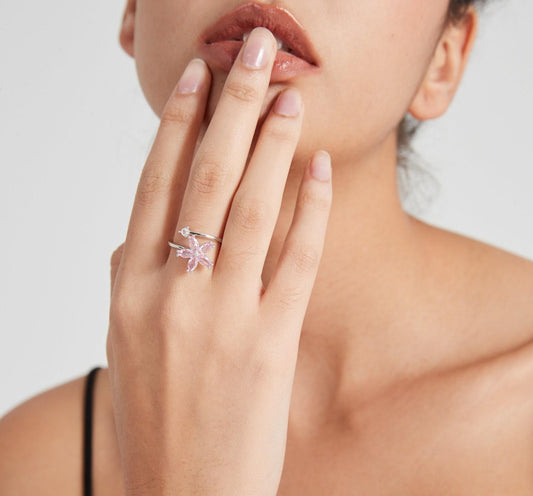 Pink Flower Sterling Silver Spinning Ring