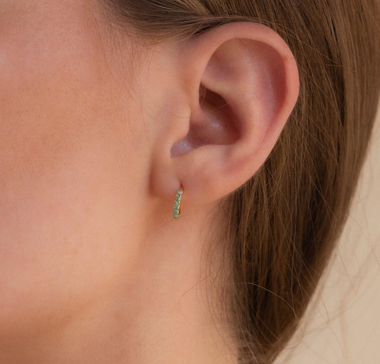 Dainty Green Opal Huggie Hoop Earrings