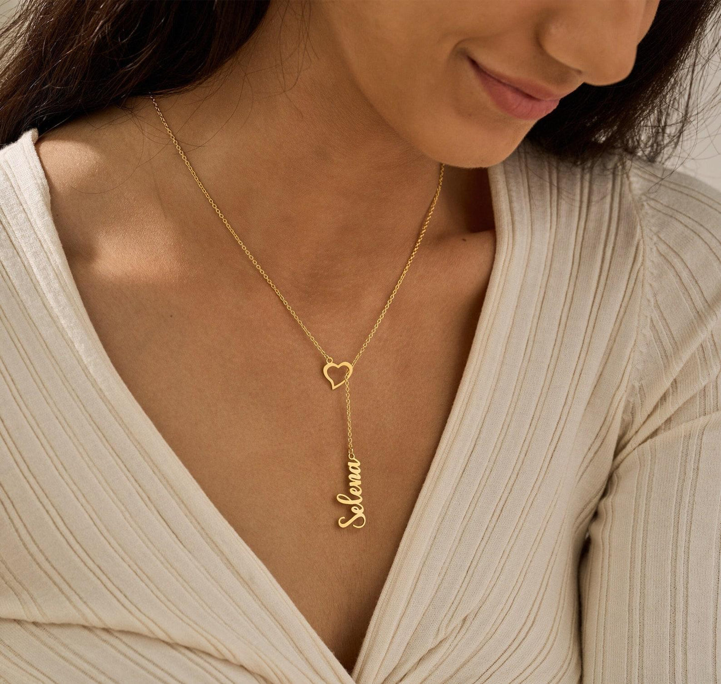 Personalized Gold Heart Name Lariat Necklace