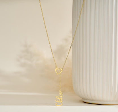 Personalized Gold Heart Name Lariat Necklace