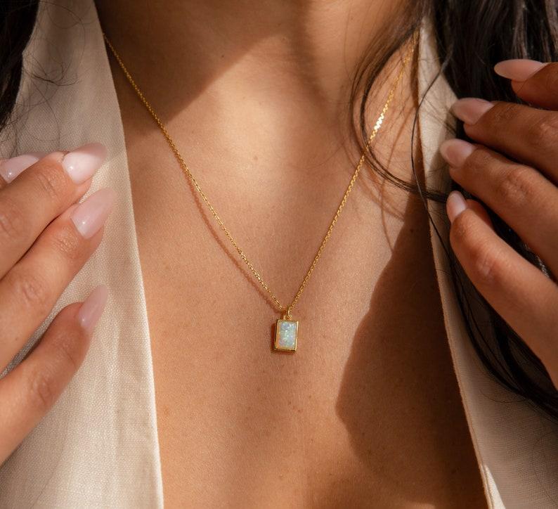 Dainty Opal Charm Necklace with Baguette Gemstone