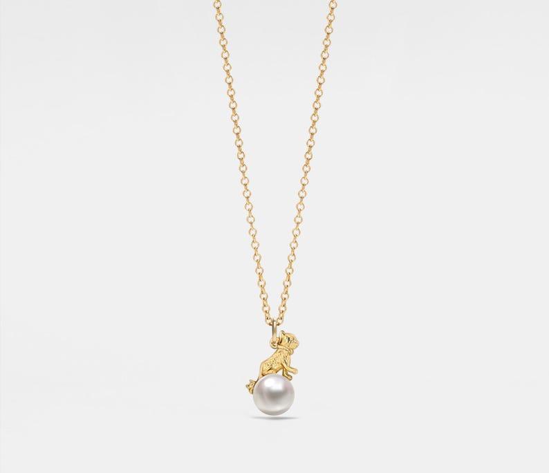 Gold Cat Pearl Charm Necklace in Silver