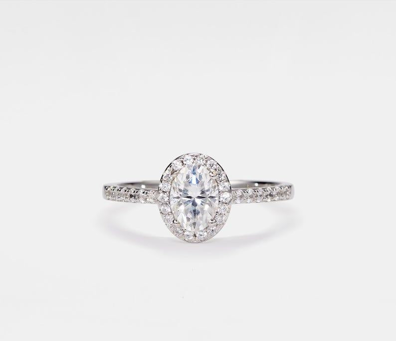 Oval Moissanite Engagement Ring in Platinum Plated Silver