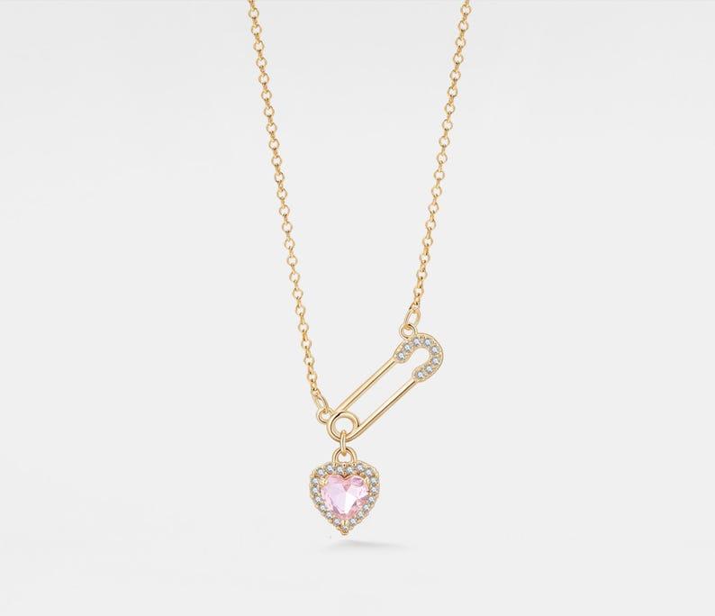 Pink Heart Safety Pin Necklace Sterling Silver