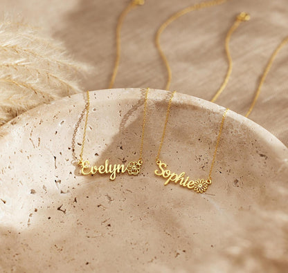 Personalized Gold Birthflower Name Necklace