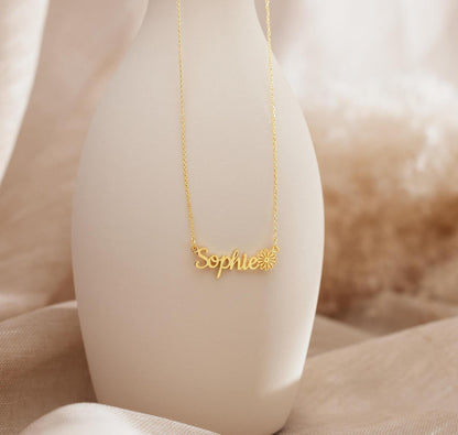 Personalized Gold Birthflower Name Necklace