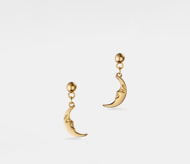 Crescent Moon Drop Earrings in Gold and Silver