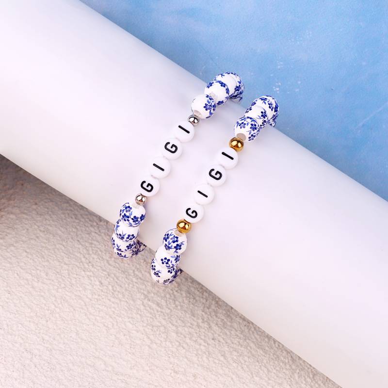 Personalized Blue Floral Beaded Bracelet