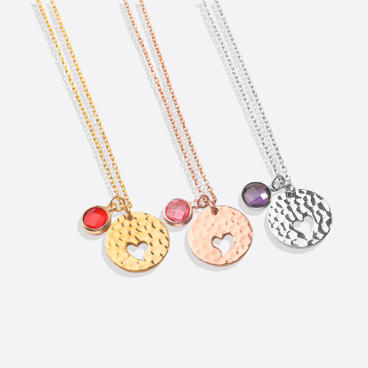 Personalized Hammered Heart Birthstone Necklace Set