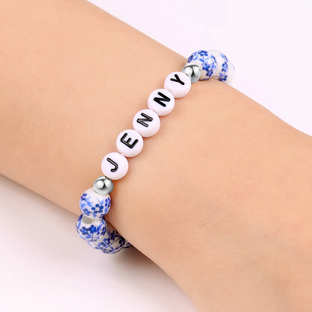 Personalized Blue Floral Beaded Bracelet