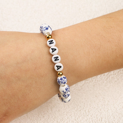 Customized Blue Porcelain Floral Beaded Bracelet