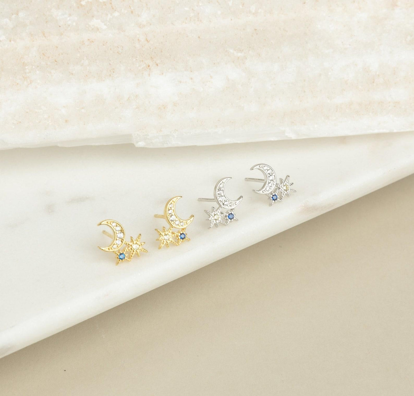 Moon and Star Diamond Stud Earrings