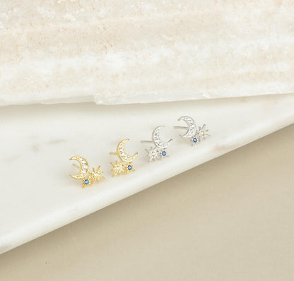 Moon and Star Diamond Stud Earrings