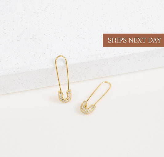 Gold Pave Safety Pin Earrings