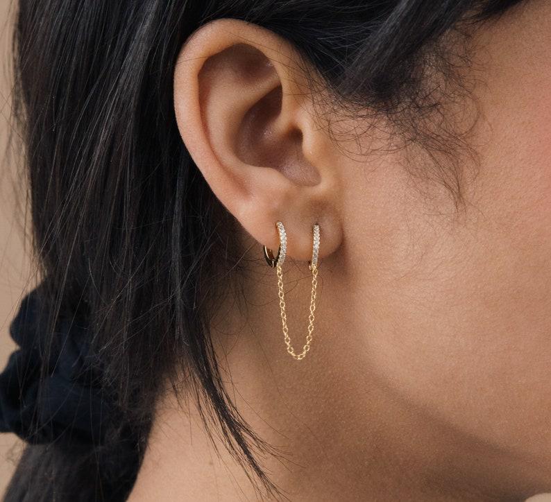 Minimalist Diamond Huggie Chain Earrings