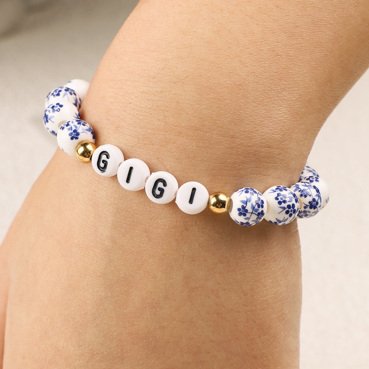 Customized Blue Porcelain Floral Beaded Bracelet