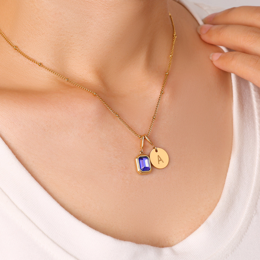 Initial Birthstone Baguette Necklace