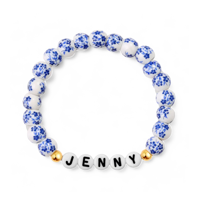 Personalized Blue Floral Beaded Bracelet