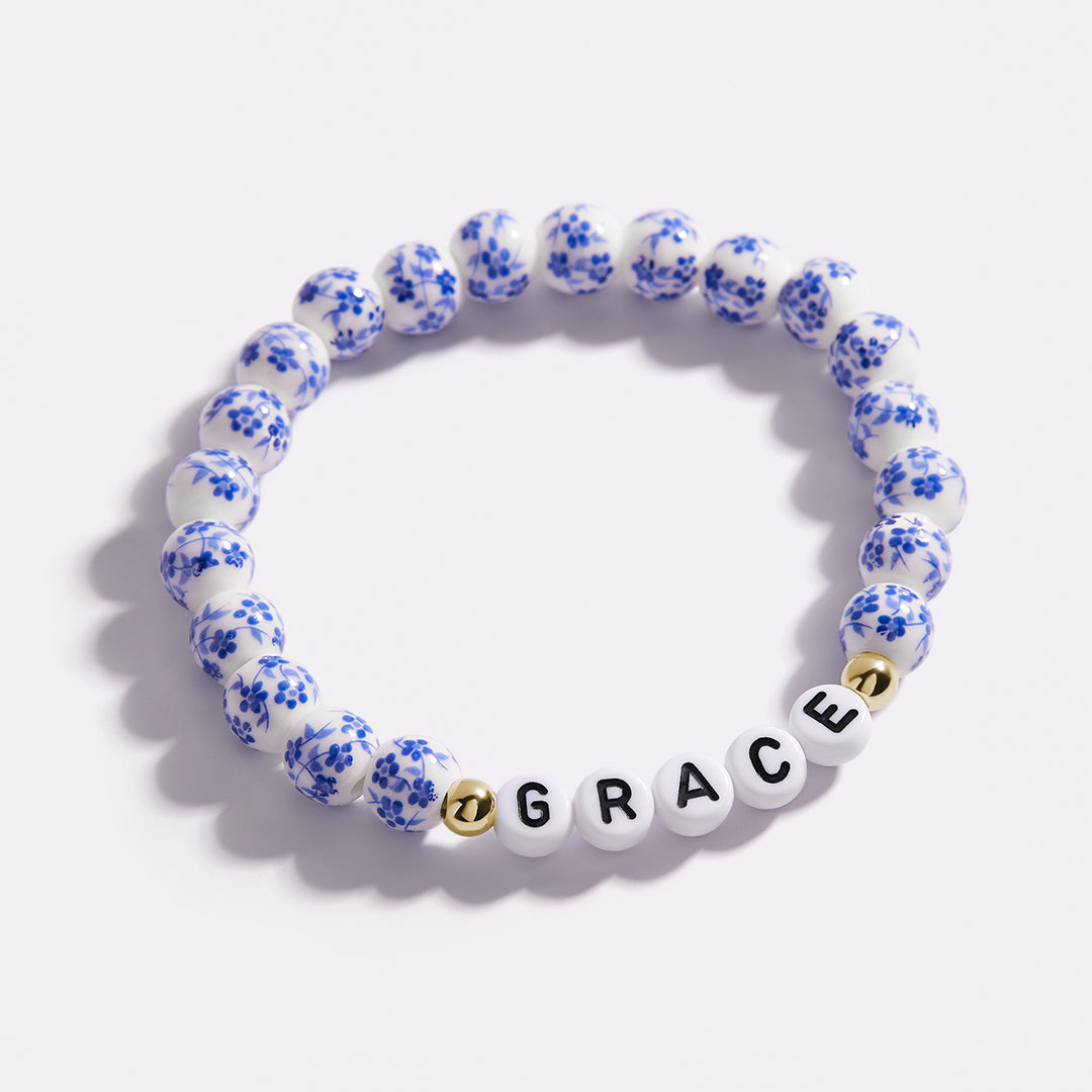 Personalized Blue Floral Beaded Bracelet