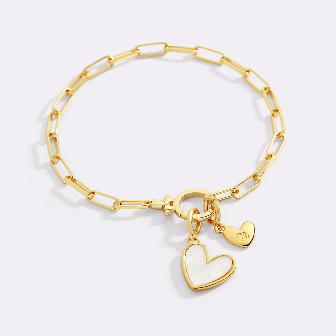 Personalized Heart Charm Bracelet with Mother of Pearl