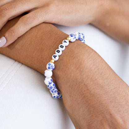 Personalized Blue Floral Beaded Bracelet