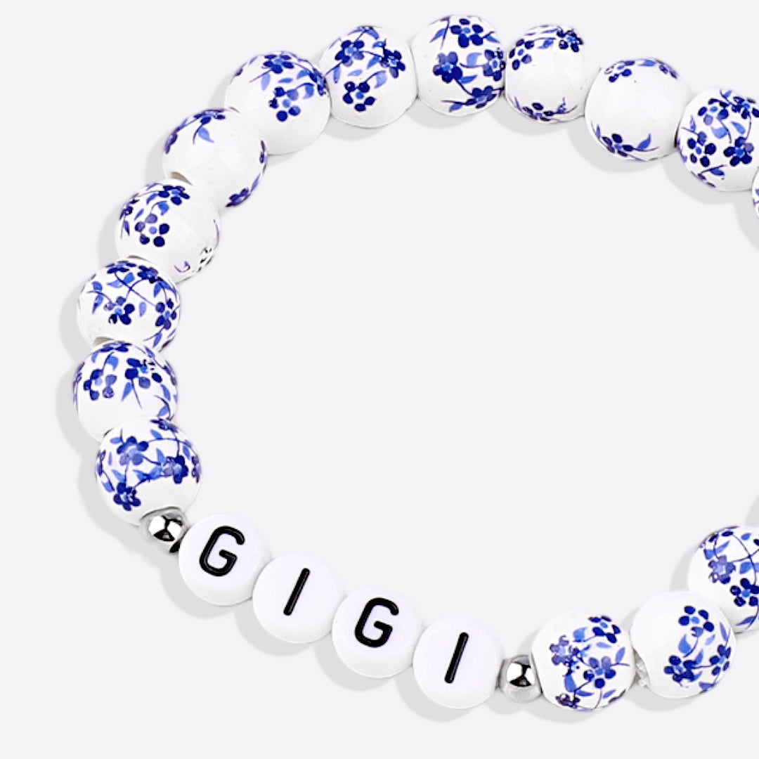 Personalized Blue Floral Beaded Bracelet