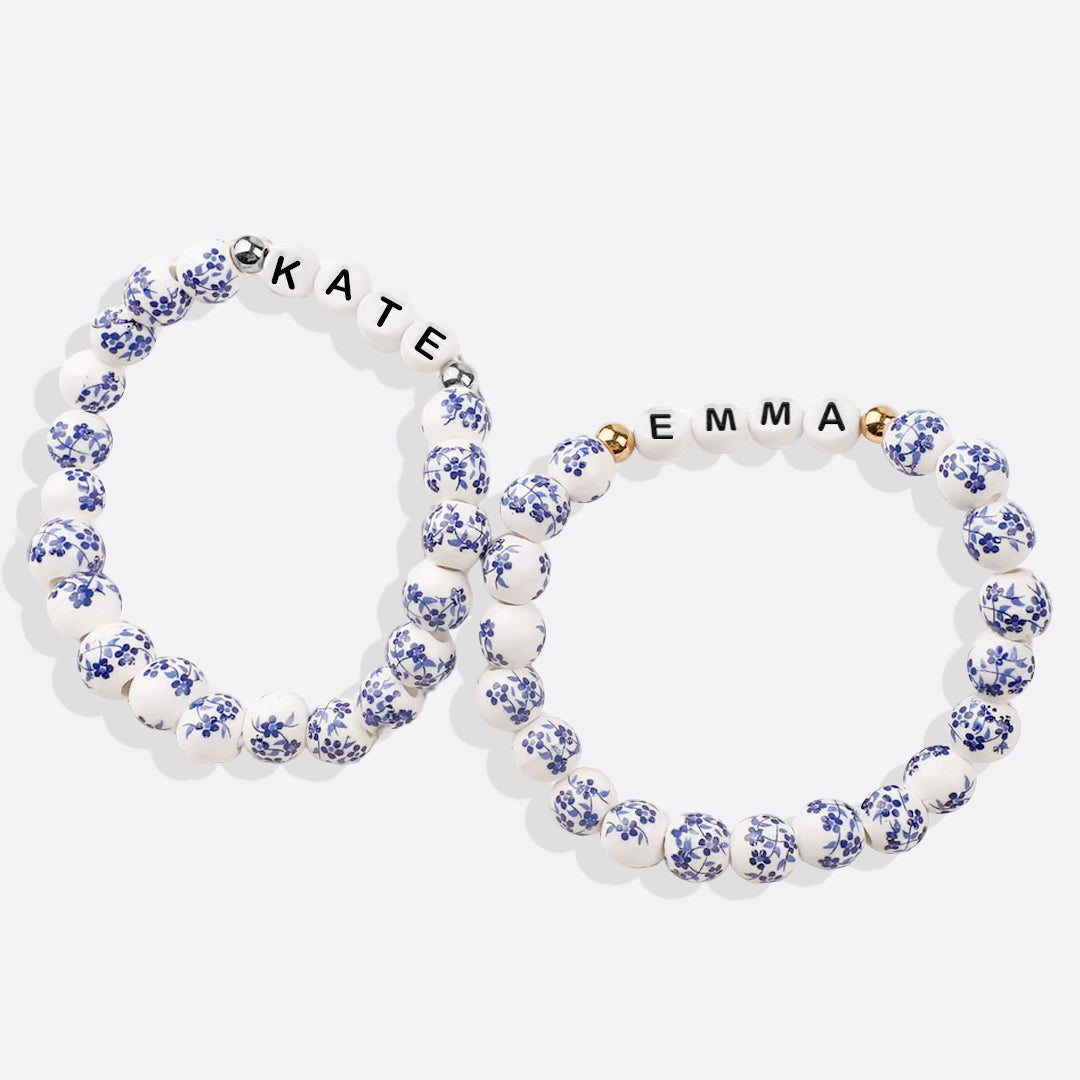 Personalized Blue Floral Beaded Bracelet