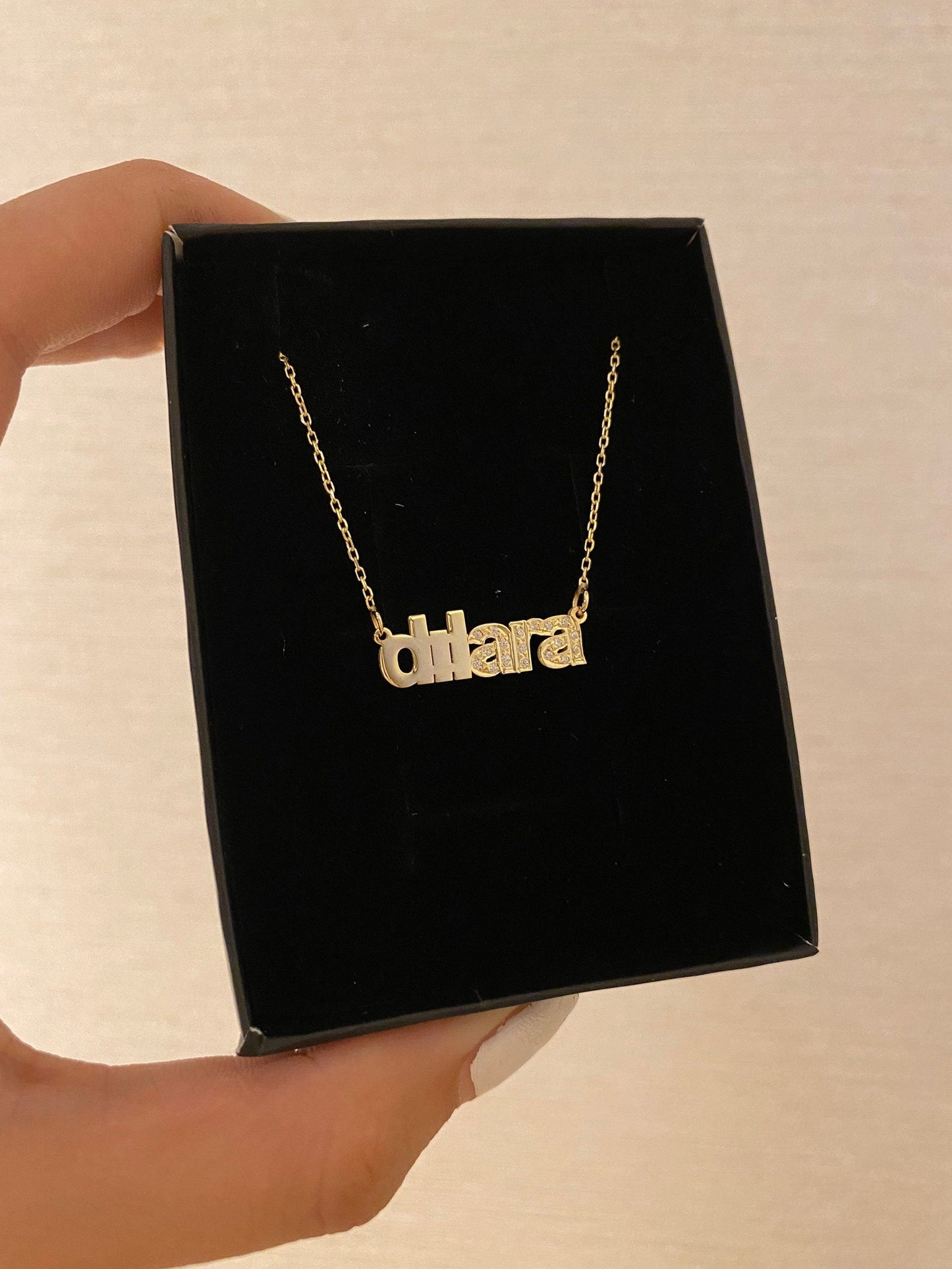 Custom 14K Gold Crystal Name Necklace