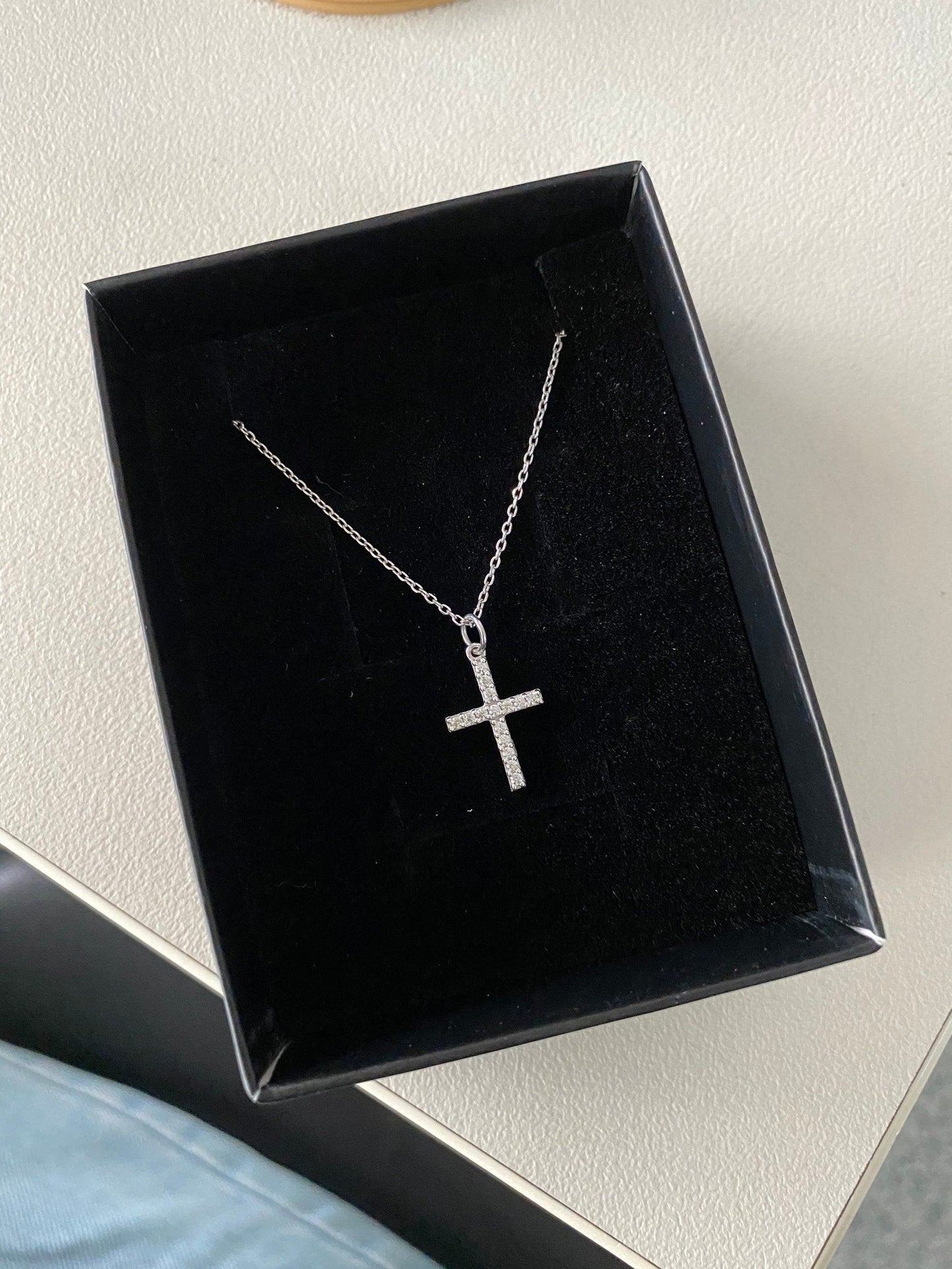 Dainty Crystal Cross Necklace in Sterling Silver