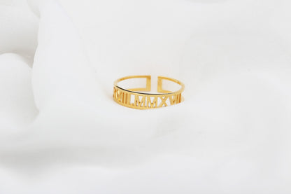 Personalized Roman Numeral Silver and Gold Ring