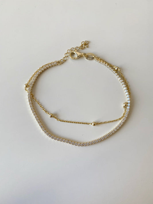 Gold CZ Tennis Bracelet with Beaded Chain