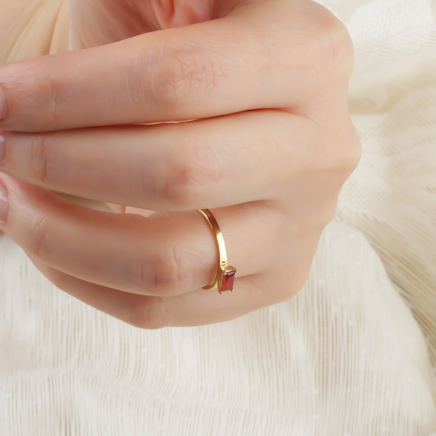 Dainty Gold Baguette Birthstone Minimalist Ring