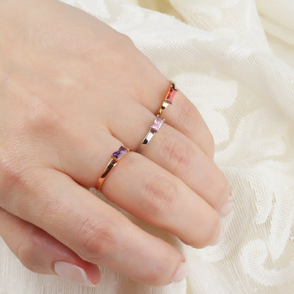 Dainty Gold Baguette Birthstone Minimalist Ring