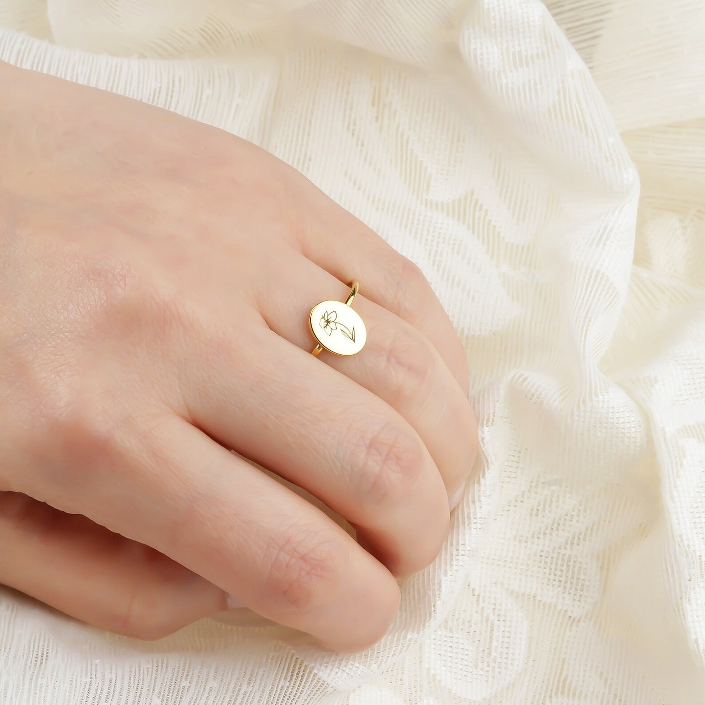 Personalized Silver Floral Birth Flower Ring