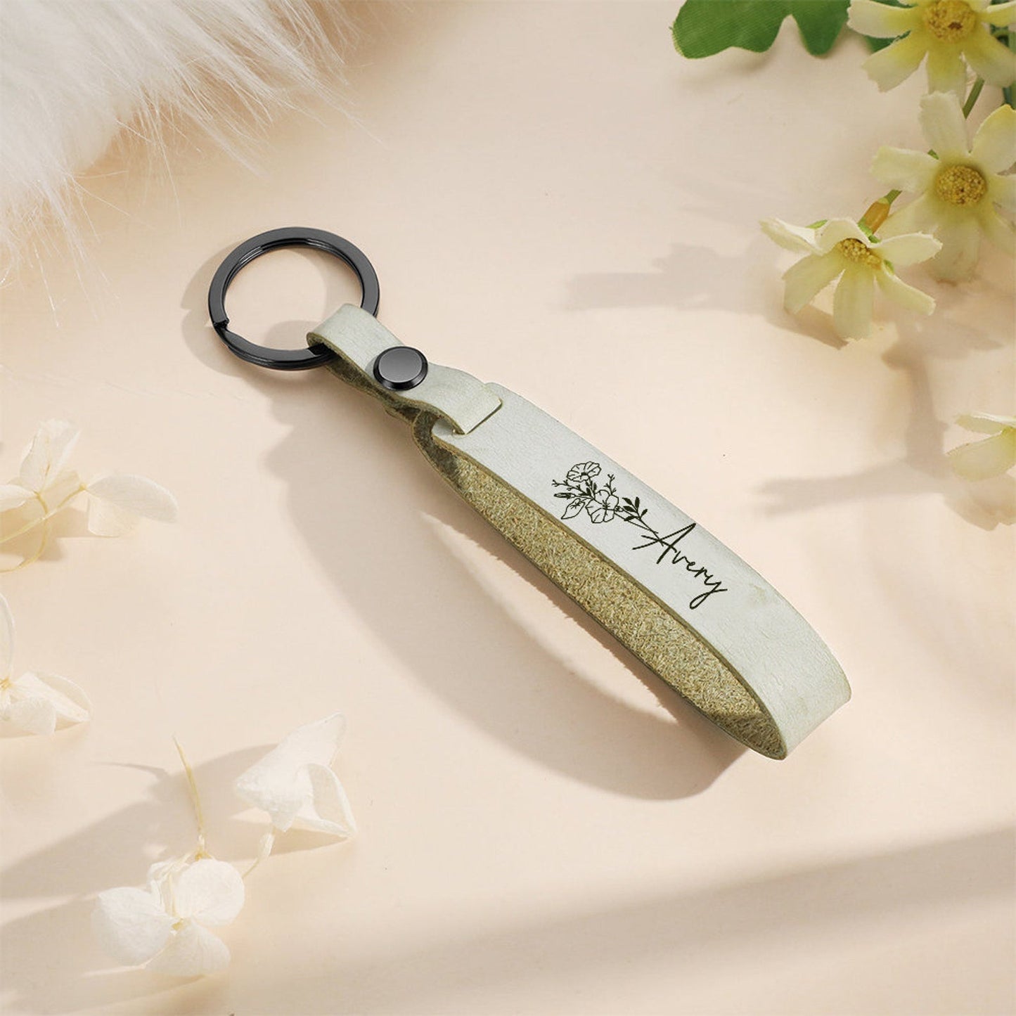 Personalized Birth Flower Leather Keyring