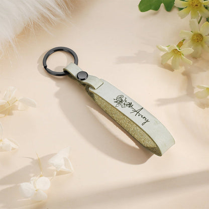 Personalized Birth Flower Leather Keyring