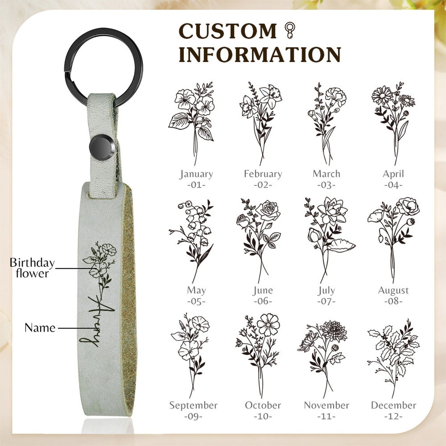 Personalized Birth Flower Leather Keyring