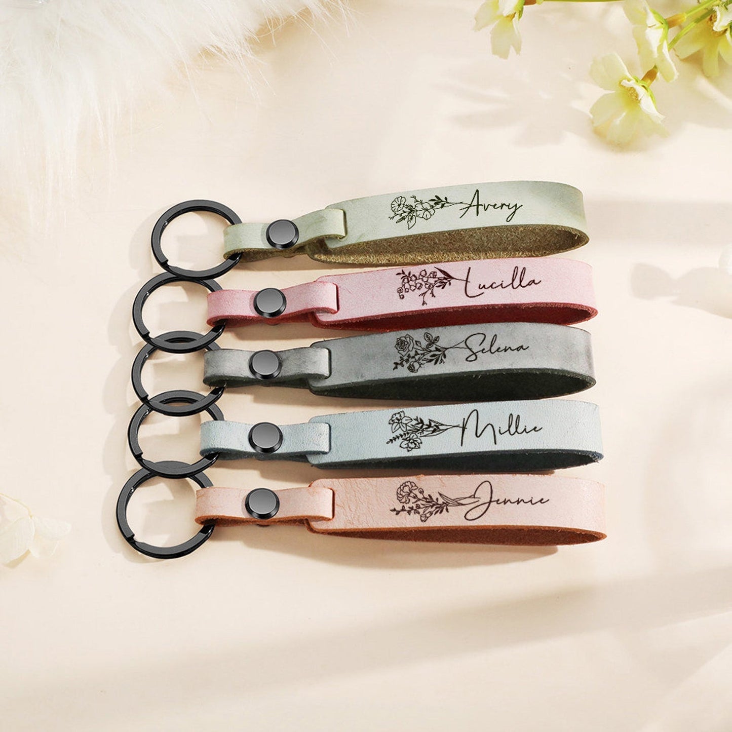 Personalized Birth Flower Leather Keyring